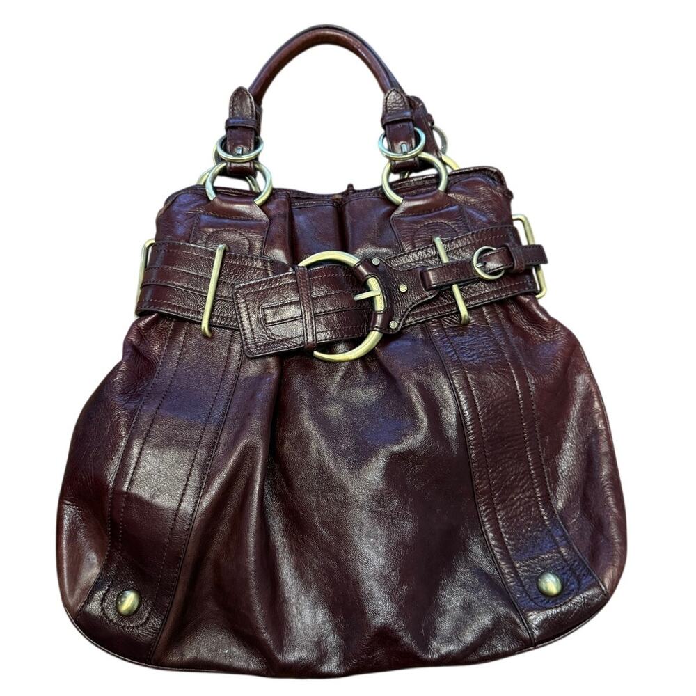 Karen Millen Burgundy Leather Slouch Hobo Satchel Bag Brass Hardware Y2K